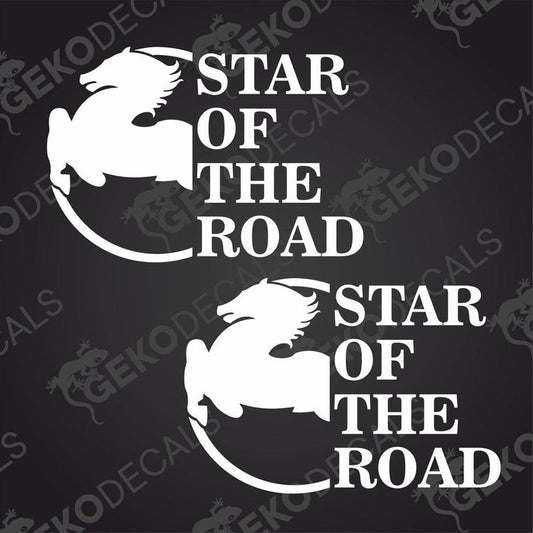 Two white stickers with the text 'STAR OF THE ROAD' and an image of a truck on each.
