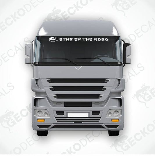 A graphic representation of a truck's front windscreen with a 'STAR OF THE ROAD' decal on it.
