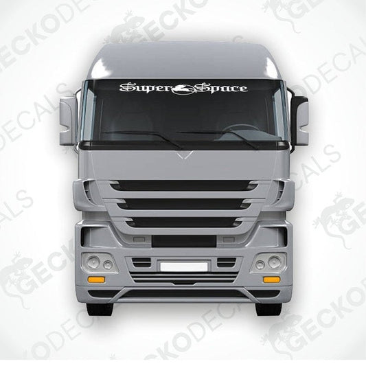 A graphic representation of a truck windscreen decal with the text 'Super Space' displayed on the front of a gray truck.