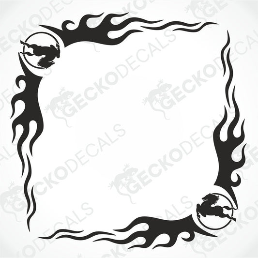 Black IVECO Tribal side window decal with Pegasus horse motifs and flame border design