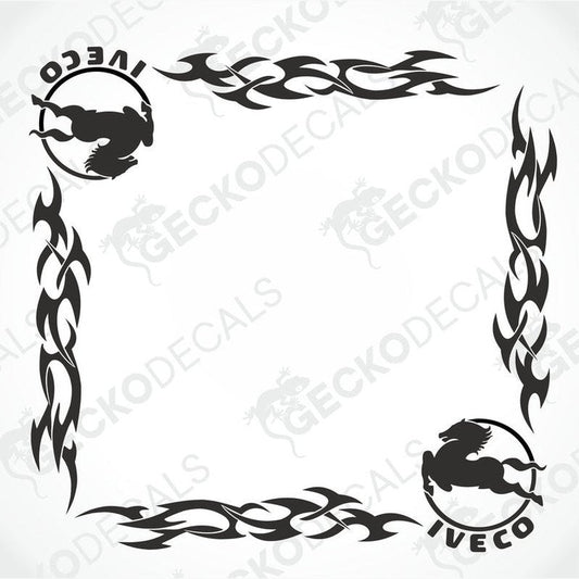 A set of two black tribal patterned decals for IVECO side window, designed for both interior and exterior use.