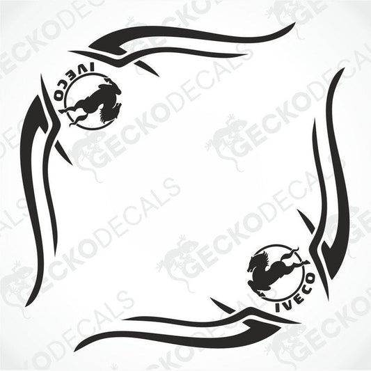 A set of two black side window decals with a tribal design, intended for use on a vehicle such as an IVECO truck.