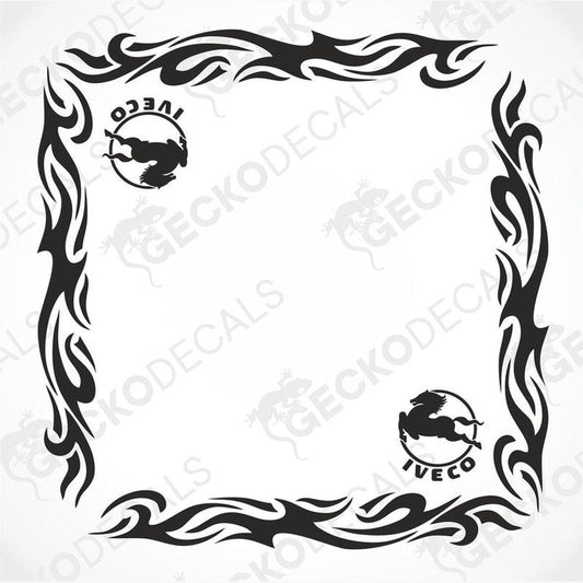 Black IVECO tribal flame border window decal with horse logos for truck