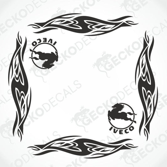 IVECO Tribal side window decal set with black flame swirl patterns and horse logos on transfer paper