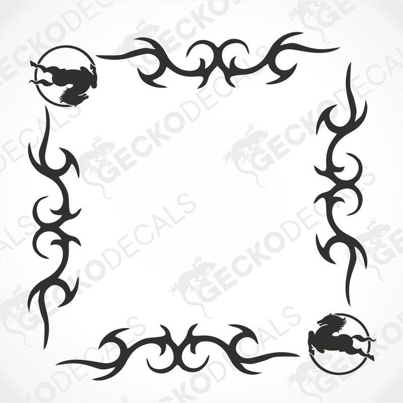 A set of two black tribal pattern car decals with the IVECO logo, designed for placement on the side windows of a vehicle.