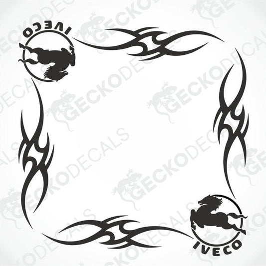 A set of two black tribal pattern car decals with the IVECO logo, designed for placement on the side windows of a vehicle.