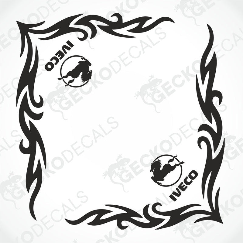 Black IVECO tribal side window decal with flame motifs and horse logo on transfer paper