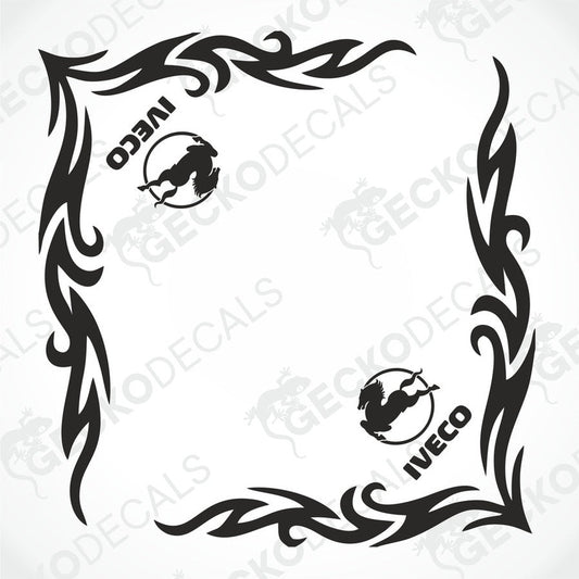 Black IVECO tribal side window decal with flame motifs and horse logo on transfer paper