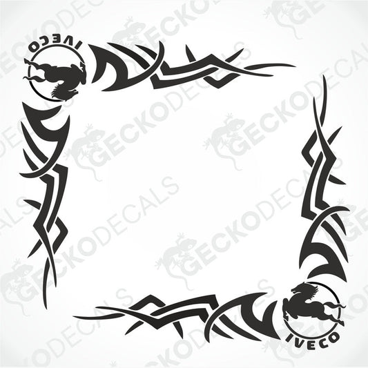 A set of two black and white tribal pattern side window decals for IVECO trucks, with the Gecko Decals logo and the word 'Tribal' visible.
