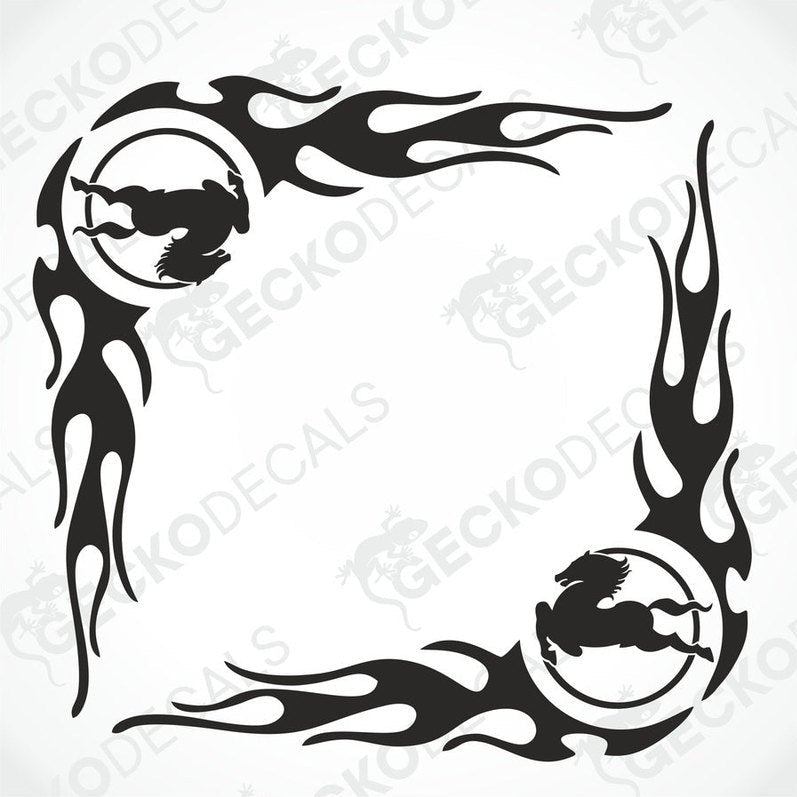 A set of two black vehicle side window decals with a tribal and flame design.
