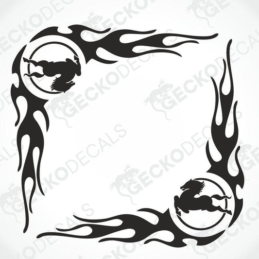 A set of two black vehicle side window decals with a tribal and flame design.
