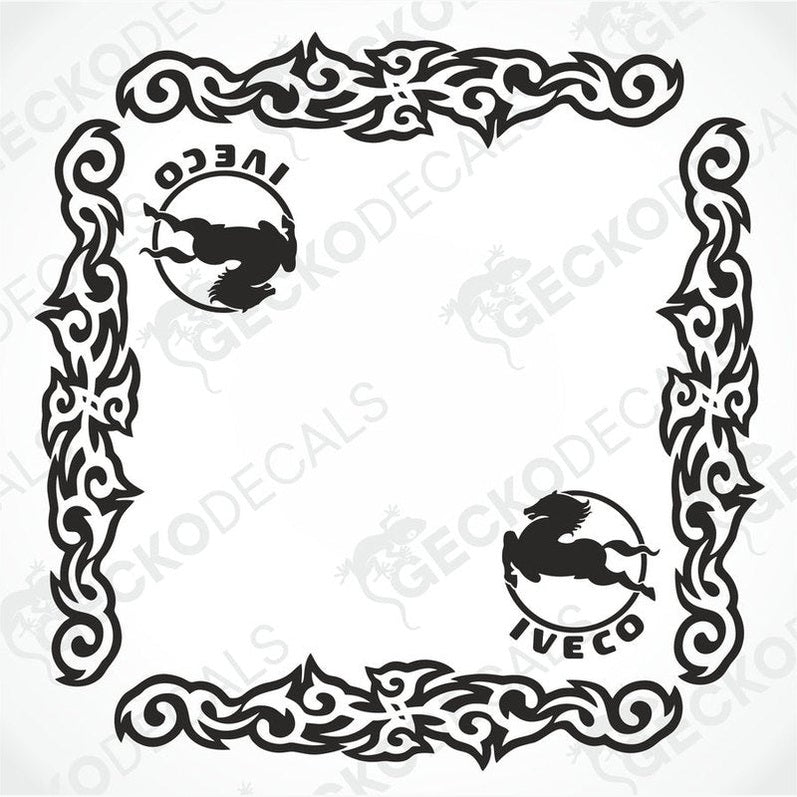 IVECO tribal side window decal with horse logo and scrollwork border