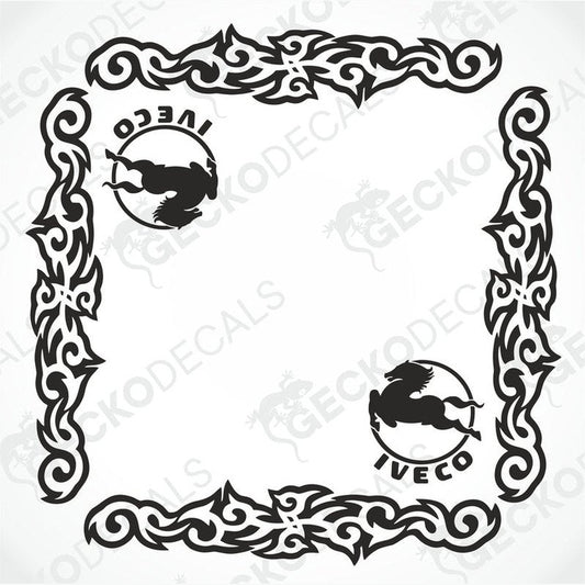 IVECO tribal side window decal with horse logo and scrollwork border