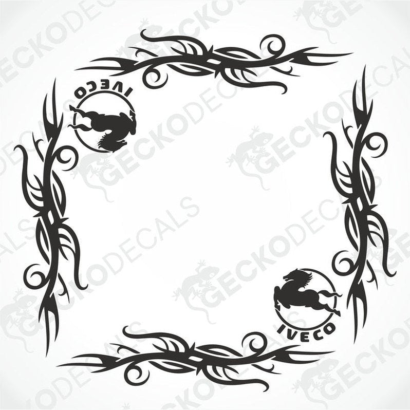 IVECO Tribal side window decal set with horse logo and flame motifs for truck exterior