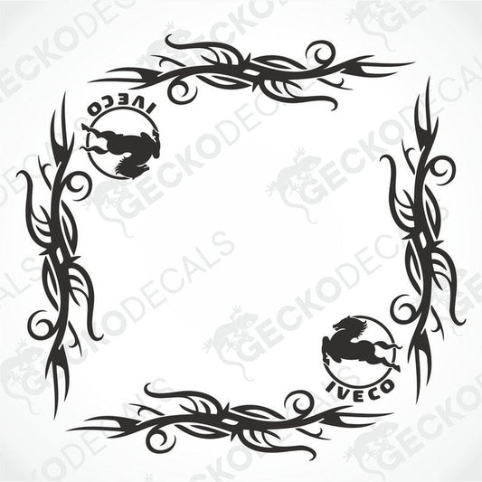 IVECO Tribal side window decal set with horse logo and flame motifs for truck exterior