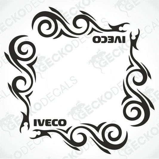 A black and white tribal-style side window decal with the IVECO brand logo.
