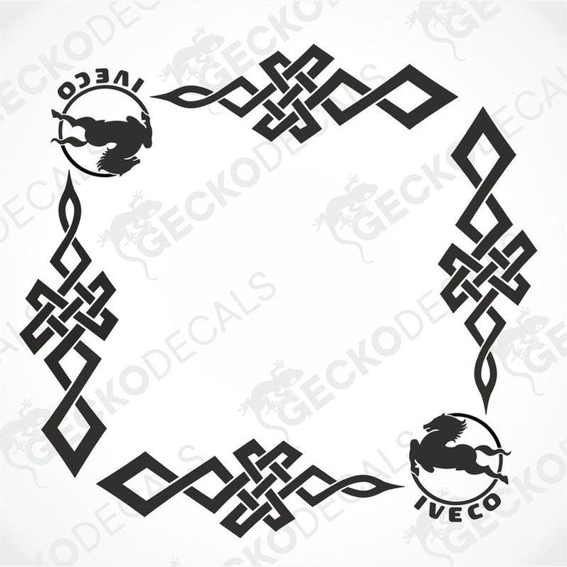 A set of two black vehicle side window decals featuring a geometric pattern. One decal is positioned above the other, forming a circle with the brand name 'IVECO' visible on the lower right decal.