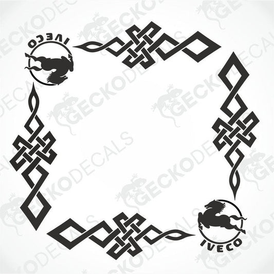 A set of two black vehicle side window decals featuring a geometric pattern. One decal is positioned above the other, forming a circle with the brand name 'IVECO' visible on the lower right decal.
