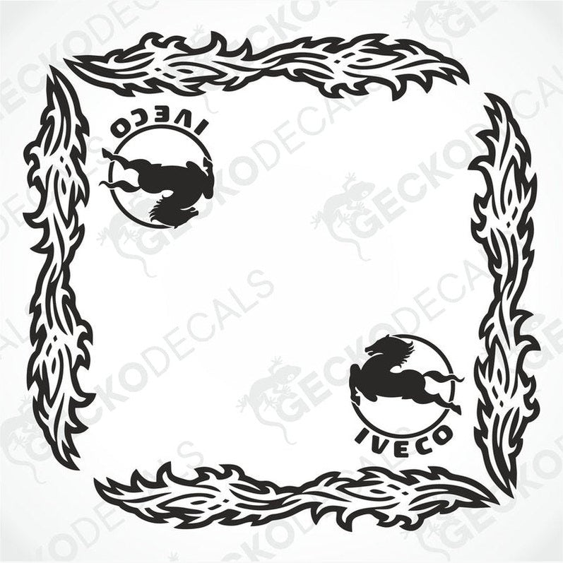 Black and white decorative frame design with ornate tribal-style border elements and two circular logos containing a horse silhouette and the text 'IVECO'.