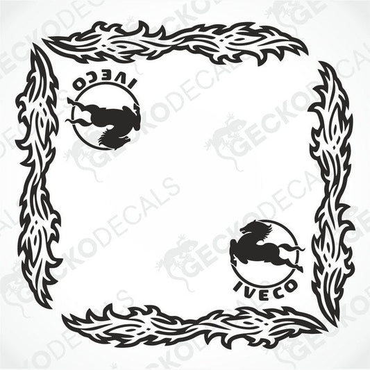Black and white decorative frame design with ornate tribal-style border elements and two circular logos containing a horse silhouette and the text 'IVECO'.