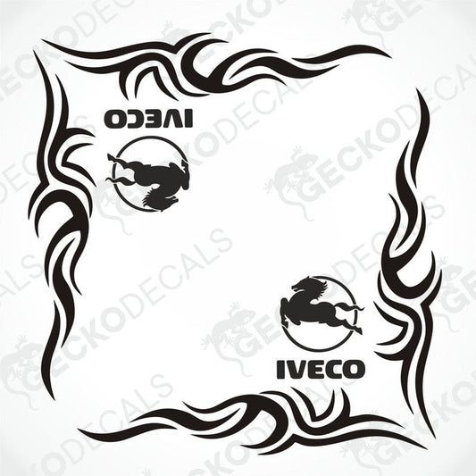 Black IVECO tribal side window decals with flame patterns and horse emblems