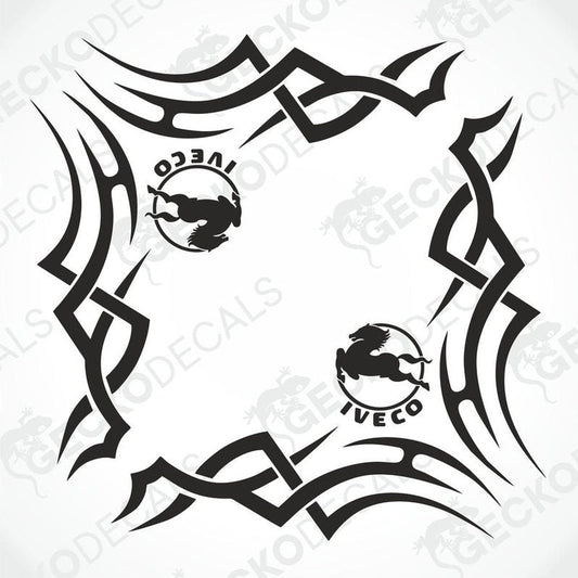 Black IVECO tribal side window decal with horse logo on transfer paper