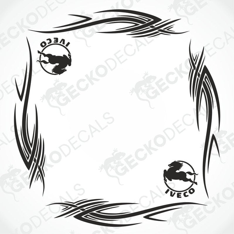 Black IVECO tribal side window decals with horse logo on transfer paper