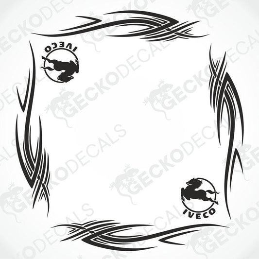 Black IVECO tribal side window decals with horse logo on transfer paper