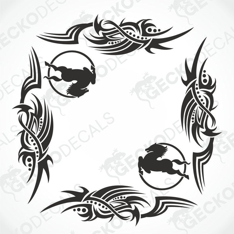 Black IVECO Tribal side window decal set with horse emblems and feather motifs for truck exterior