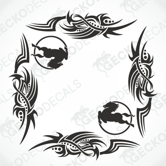 Black IVECO Tribal side window decal set with horse emblems and feather motifs for truck exterior