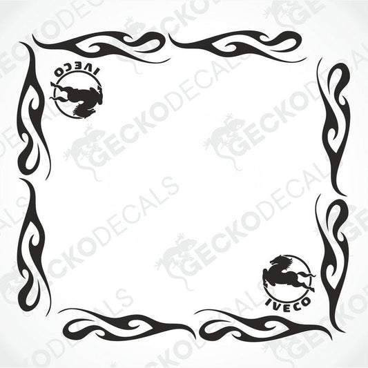 IVECO Tribal side window decal set with flame borders and horse logos for truck exterior or interior