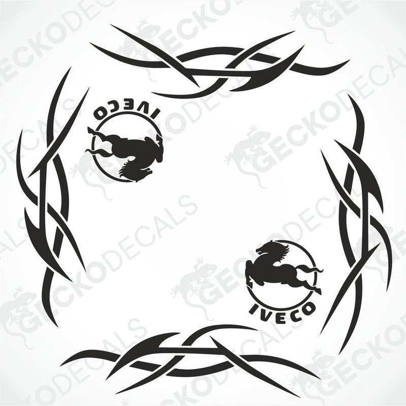 Black IVECO tribal side window decals with horse logo and angular border design