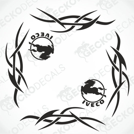 Black IVECO tribal side window decals with horse logo and angular border design