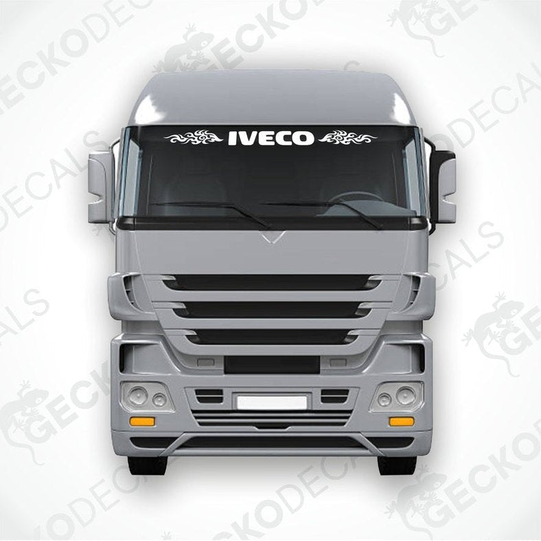 A die cut decal with the IVECO brand and tribal design patterns intended for use on a truck's windscreen.