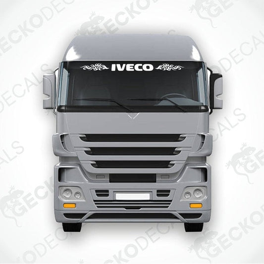 A die cut decal with the IVECO brand and tribal design patterns intended for use on a truck's windscreen.