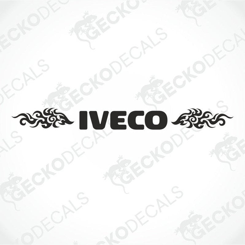 A die cut decal with the IVECO brand and tribal design patterns intended for use on a truck's windscreen.
