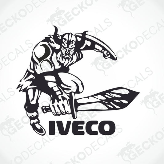 A black and white decal featuring a Viking warrior holding a sword, with the IVECO logo integrated into the design.