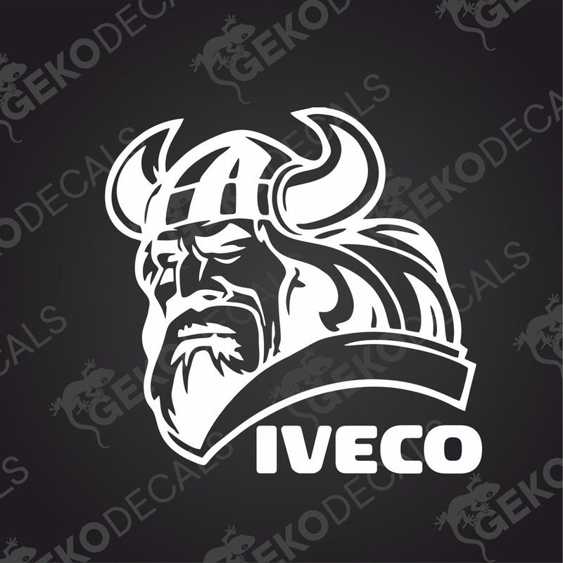 A black and white sticker design featuring a Viking helmet with the 'IVECO' brand name.