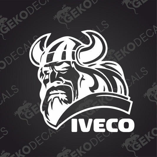 A black and white sticker design featuring a Viking helmet with the 'IVECO' brand name.