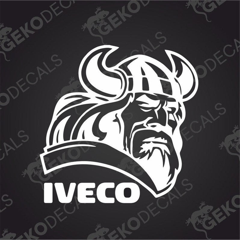 A black and white sticker decal of a Viking helmet with the IVECO logo.