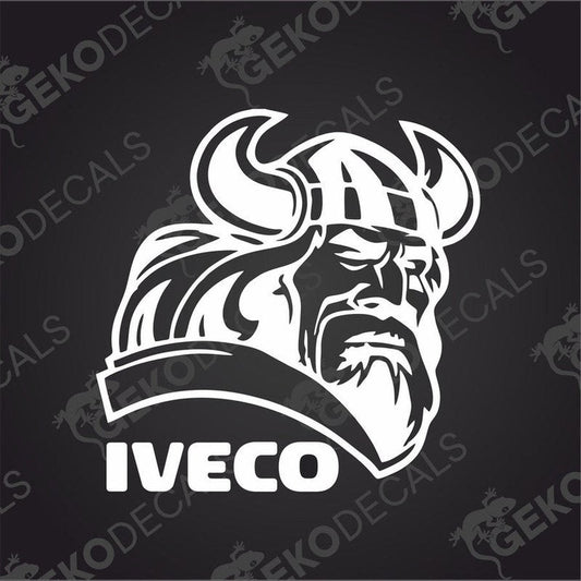 A black and white sticker decal of a Viking helmet with the IVECO logo.