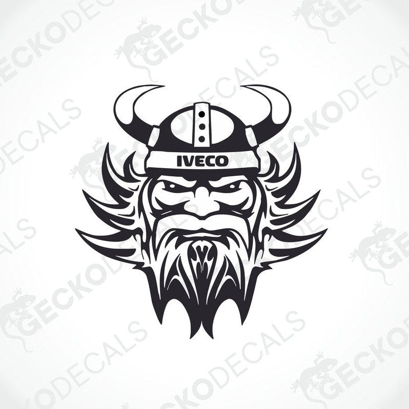 A black and white sticker decal of a Viking helmet with Iveco branding.