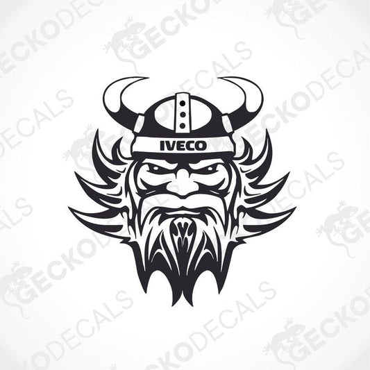 A black and white sticker decal of a Viking helmet with Iveco branding.