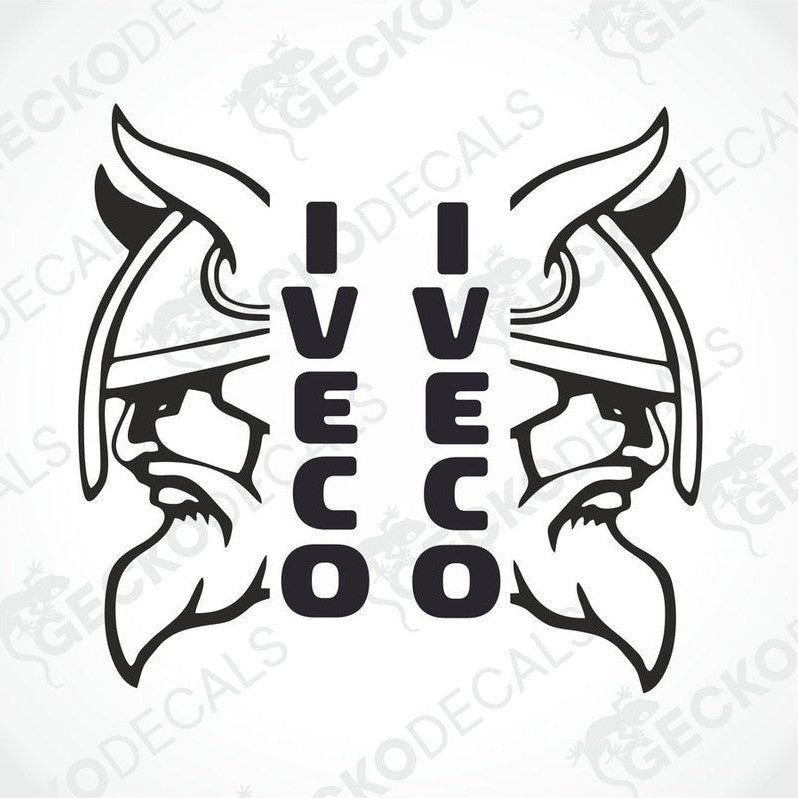 A sticker decal with a design resembling a Viking helmet and the word 'IVECO' below it.