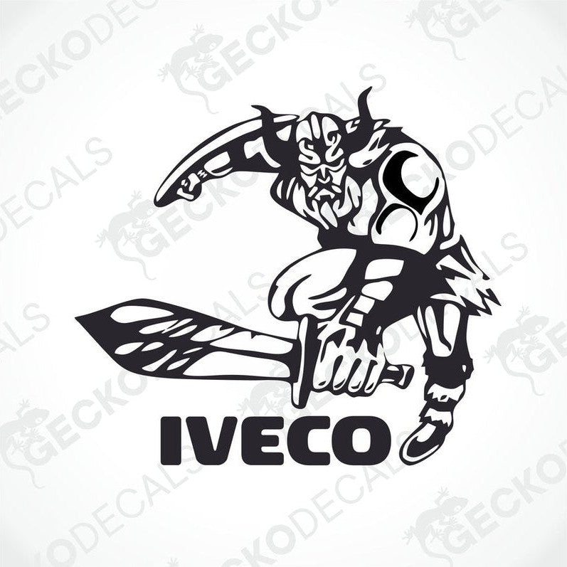 A black and white sticker depicting a Viking character with the IVECO logo.