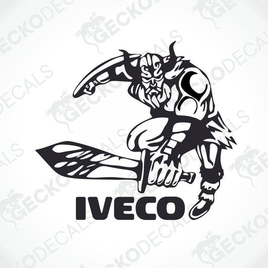 A black and white sticker depicting a Viking character with the IVECO logo.