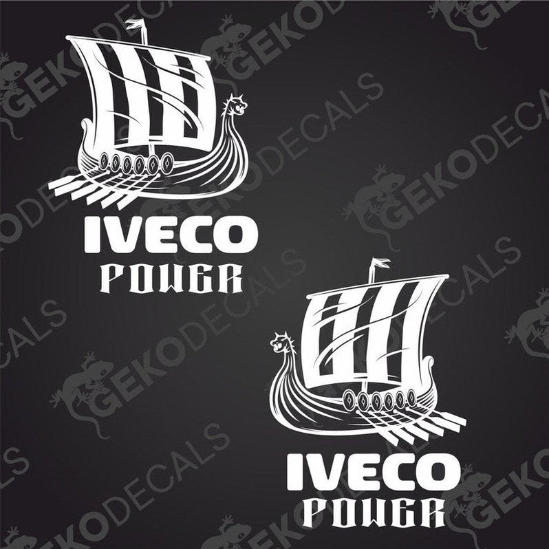 A set of two black and white decals featuring a Viking ship and the Iveco brand logo.