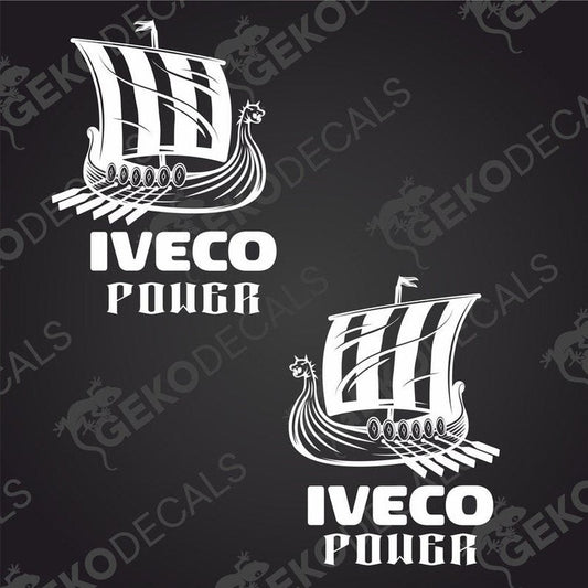 A set of two black and white decals featuring a Viking ship and the Iveco brand logo.