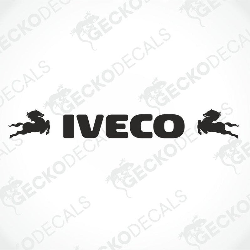A graphic representation of an IVECO windscreen sticker on a truck. The sticker has the IVECO logo with wings on both sides.