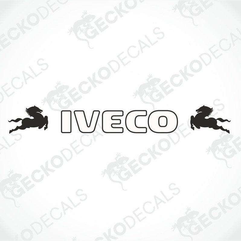 A front view of an IVECO truck with a die cut decal on the windscreen.